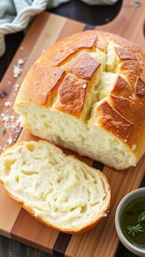 A golden-brown loaf of no knead bread on a wooden board, with slices cut to show the fluffy interior.